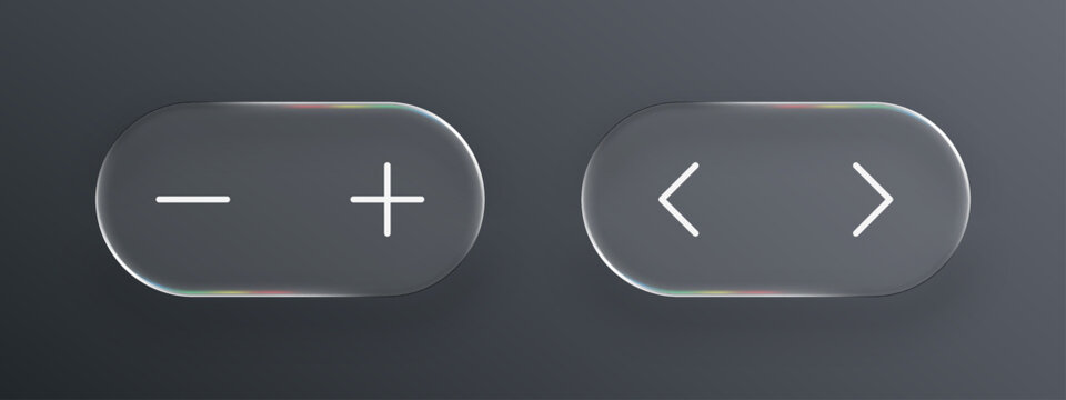 Liquid glass button with plus and minus symbols besides left and right arrows for user interface design. Vector graphics.