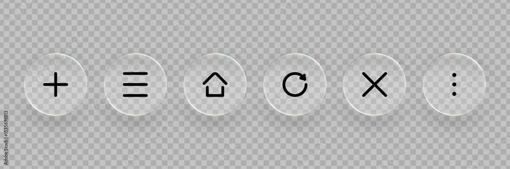 Poster glassmorphism computer interface buttons. collection of liquid glass icons, transparent symbols for 