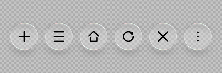 Glassmorphism computer interface buttons. Collection of liquid glass icons, transparent symbols for modern design. Vector graphics.