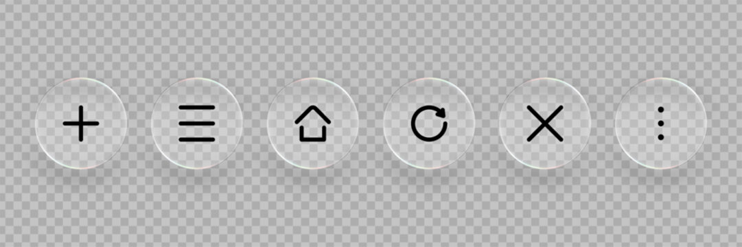 Glassmorphism computer interface buttons. Collection of liquid glass icons, transparent symbols for modern design. Vector graphics.