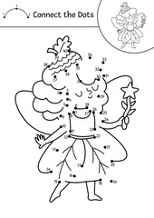 Vector black and white fairyland dot-to-dot activity with acorn fairy. Magic forest connect the dots game, coloring page. Fairytale printable worksheet with cute girl with wings and wand