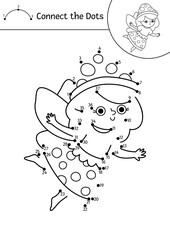 Vector black and white fairyland dot-to-dot activity with mushroom fairy. Magic forest connect the dots game, coloring page. Fairytale printable worksheet with cute girl with wings