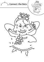 Vector black and white fairyland dot-to-dot activity with berry fairy. Magic forest connect the dots game, coloring page. Fairytale printable worksheet with cute strawberry girl with wings