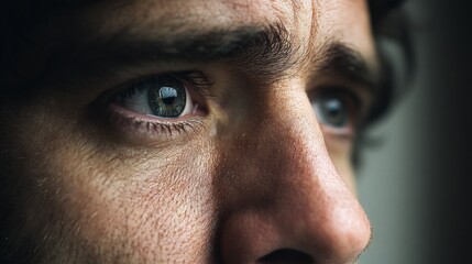 Naklejka premium Close-up of a man's face highlighting his intense blue eyes and detailed skin texture