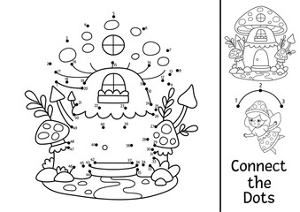 Vector black and white fairyland dot-to-dot activity with mushroom fairy house. Magic forest connect the dots game, coloring page. Fairytale printable worksheet with cute woodland home