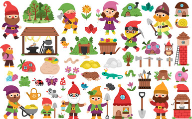 Vector dwarf clipart set. Cute gnome icons collection. Fairytale character illustrations. Magic creature pack with garden, mining, blacksmith elves, treasure, mine pit, houses, and fantasy animals