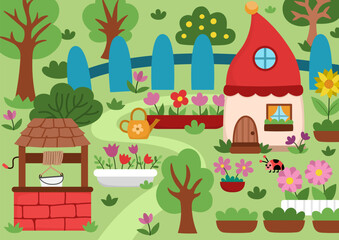 Obraz premium Vector empty dwarf garden background. Cute gnome country landscape. Woodland, fantasy forest scene with tree, house, animal. Fairytale world illustration with fence, well, seedbed, flowers