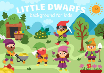 Vector horizontal scene with dwarfs. Forest gnomes landscape illustration. Cute background or story book cover for kids with adorable magic creatures. Funny fairytale scene with mine pit, elves