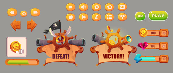 Pirate adventure game user interface set, wooden interface menu background.Vector cartoon, set of buttons, signs, victory and defeat icon. Pirate game collection isolated on background.