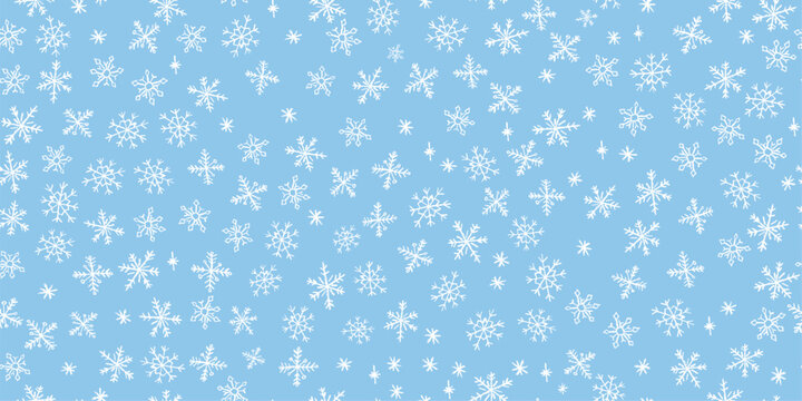 Christmas kindergarten seamless pattern of quirky white snowflakes. Blue blackboard style with wax and charcoal squiggle texture for Xmas wrapping, prints and decorations. Vector card illustration