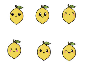 Vector illustration of cute lemon cartoon character isolated on white background. Fruit cartoon set with kawaii smiling emoji.