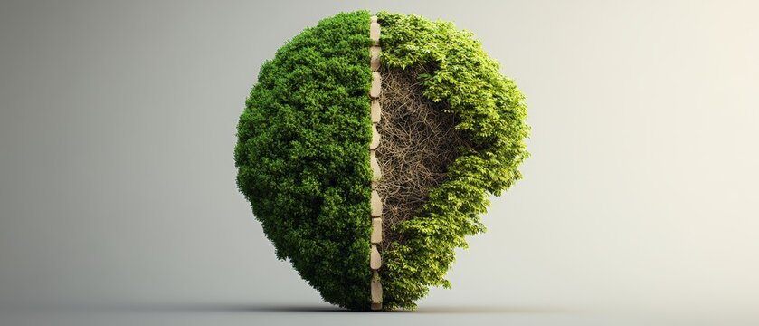 Symmetrical heart-shaped tree split into two halves with lush green foliage and exposed soil in the middle - Powered by Adobe