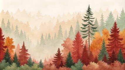 Obraz premium Autumnal Watercolor Forest Misty Pines, Red and Green Hues, Landscape Painting, Fall Scenery Autumn landscape, watercolor painting