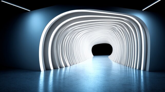 Modern tunnel with illuminated curved arches creating a futuristic atmosphere