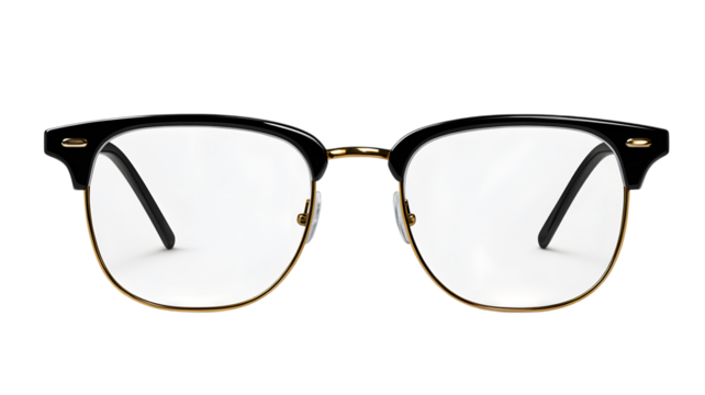 Elegant black and gold eyeglasses stylish eyewear in a studio shot with clear lenses modern eyeglass frames suitable for fashion and design concepts