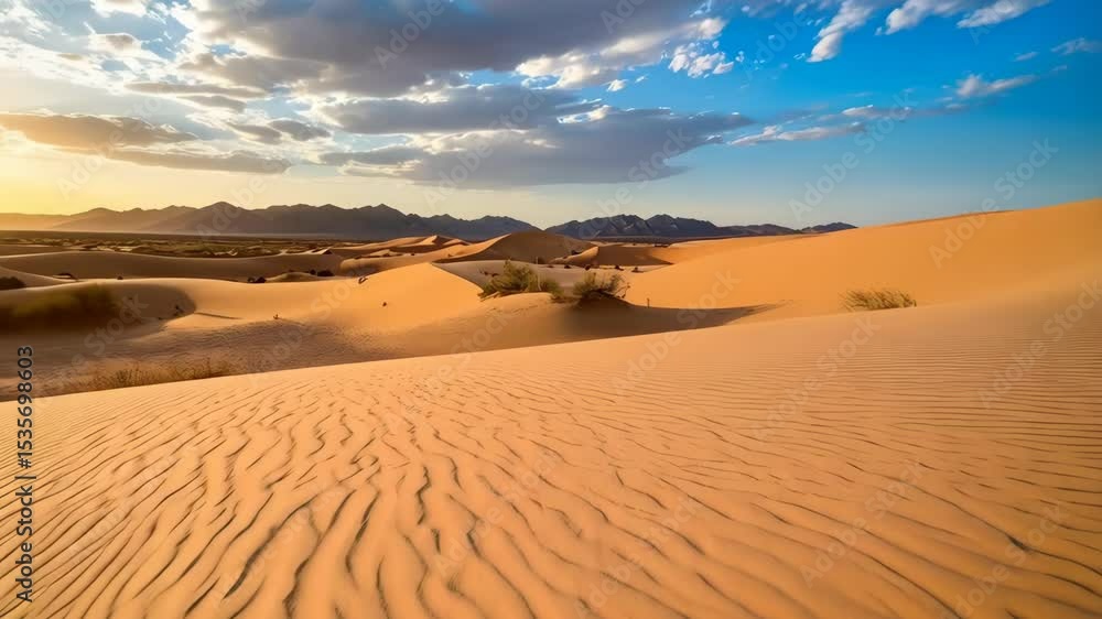 Poster Tranquil view of sand dunes at golden hour with a rug placed in desert under a partly cloudy sky, backdrop of mountains