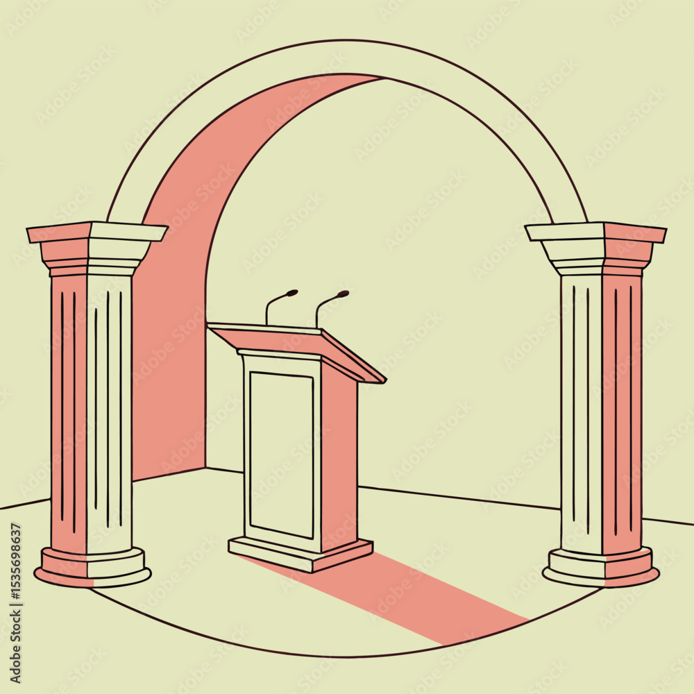 Poster a minimalist illustration of a podium with microphones flanked by two columns under an arch all in p
