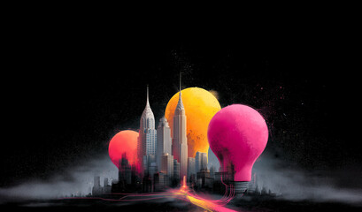 Modern Cityscape Silhouetted By Neon Idea Spheres And Illuminated Pathways Linking Hidden Customer Needs To Prototype Development For Innovative Market Solutions