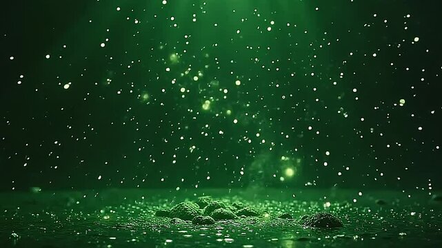Against a textured green background, explode glowing light particles shimmer brightly, creating dynamic patterns of light and shadow that mesmerize.