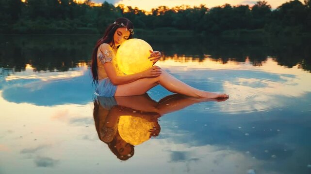 Fantasy woman stroking holding moon magic light glowing planet in hands hugs. Girl night elf beauty face, river nymph blue dress sitting in water dark sky lake. Lady fairy queen art fortune teller. 4k