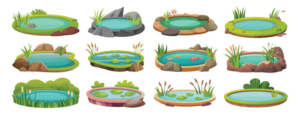 Twelve colorful cartoon illustrations of garden ponds