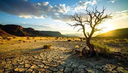 global warming; dry tree branch, desert landscape
