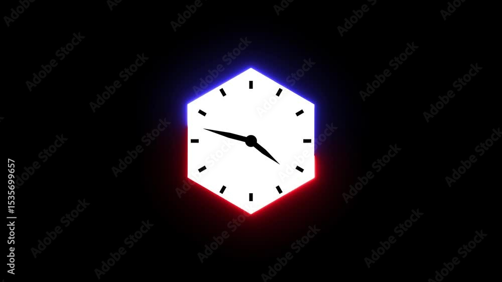 Poster animated digital clock face in geometric polygon shape with red and blue glowing border. simple whit
