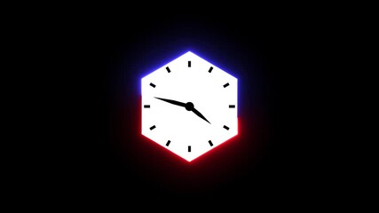 Animated digital clock face in geometric polygon shape with red and blue glowing border. Simple white clock icon. Stop watch or clock icon animation. - Powered by Adobe