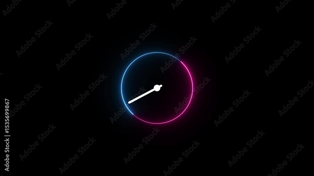 Poster animated digital clock face with neon colored illumination on a dark black background. glowing clock