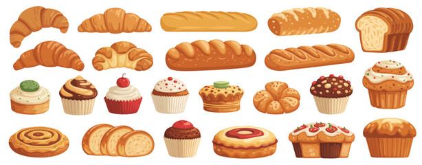 Assorted bakery goods breads pastries and cakes