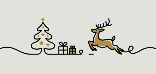 Christmas reindeer leaping towards gifts and tree