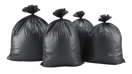 Four black garbage bags against a background representing waste and disposal concepts