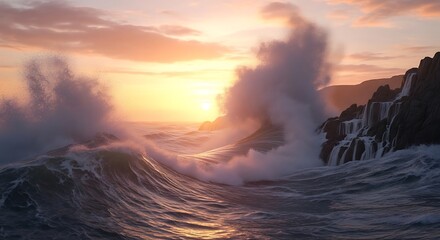 Dramatic Sunset Over Powerful Ocean Waves Crashing Against Rocky Coastline