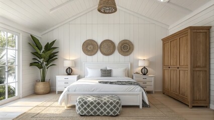 Coastal Farmhouse Bedroom Design White Shiplap Walls, Woven Decor, Rug, Bed, Closet, keyword1 InteriorDesign, keyword2 BedroomDecor