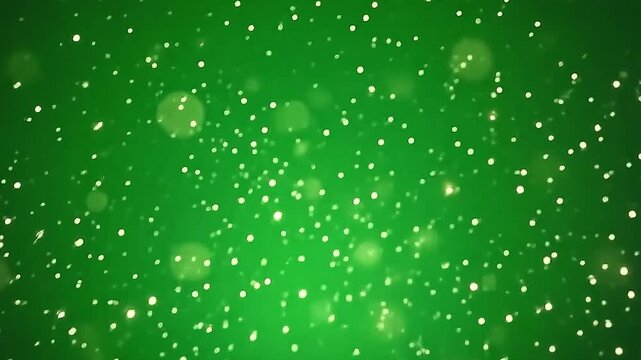 Against a smooth green background, explode glowing light particles scatter softly, producing delicate patterns of radiant illumination.