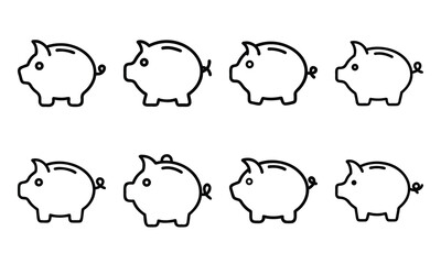 Set of Minimalist Silhouette Icons Featuring Piggy Banks in Various Styles, Simple Black Line Art Design on White Background Representing Savings, Money Management, Wealth, Financial Planning, and Ban