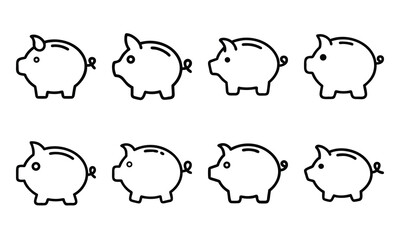 Set of Minimalist Silhouette Icons Featuring Piggy Banks in Various Styles, Simple Black Line Art Design on White Background Representing Savings, Money Management, Wealth, Financial Planning, and Ban