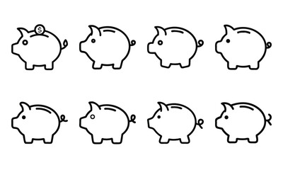 Set of Minimalist Silhouette Icons Featuring Piggy Banks in Various Styles, Simple Black Line Art Design on White Background Representing Savings, Money Management, Wealth, Financial Planning, and Ban
