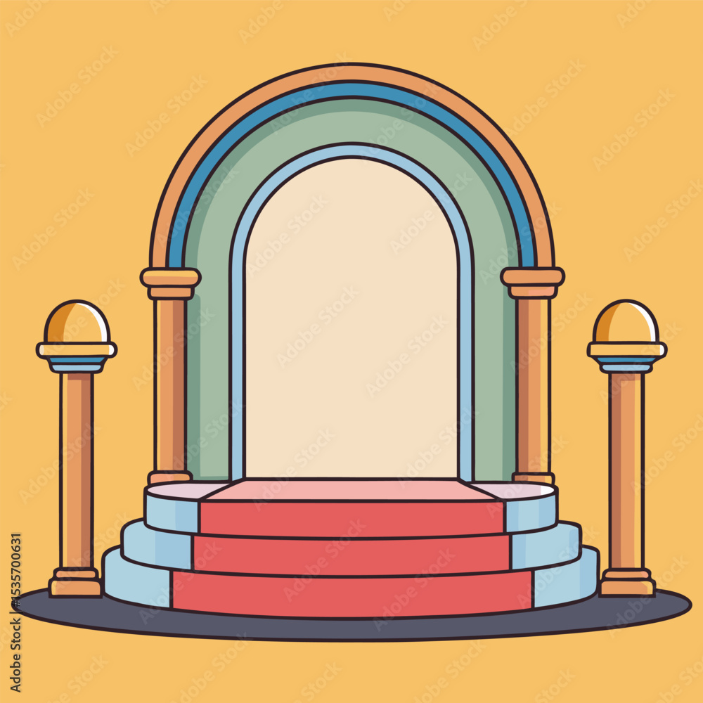 Poster cartoon illustration of a stage with arched entrance columns and three steps set against a yellow ba