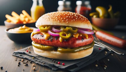 Chicago Style Dog Burger Vienna sausage relish onions sport pepp