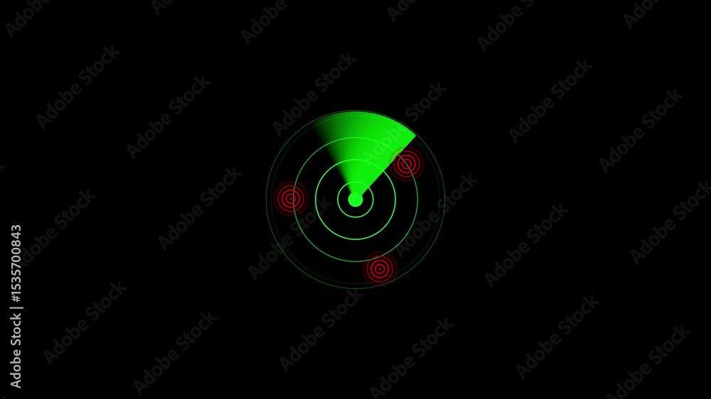 Poster green radar screen scanning for targets with red target indicators. radar display with rotating swee