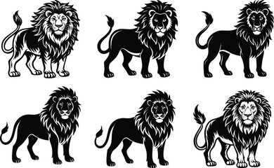 Six majestic lions black and white illustration