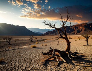 global warming; dry tree branch, desert landscape