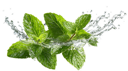 Fresh mint sprigs with splashing water a refreshing culinary and beverage ingredient healthy herb concept isolated on white background