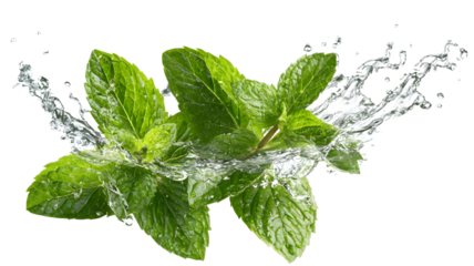 Fresh mint sprigs with splashing water a refreshing culinary and beverage ingredient healthy herb concept isolated on white background