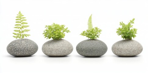 Ferns and broadleaf plants encircle smooth river rocks placed on a white background