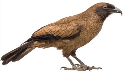 Fototapeta premium Isolated on white, a kakapo parrot stands on the ground