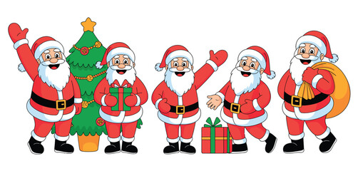 Five cartoon santas with gifts and christmas tree