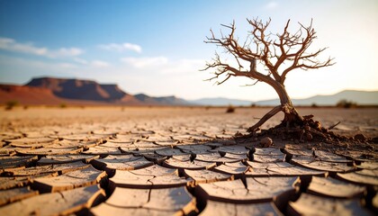 global warming; dry tree branch, desert landscape