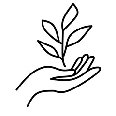 A minimalist black and white line drawing depicts an open hand gently cradling a small sprig with several leaves.
